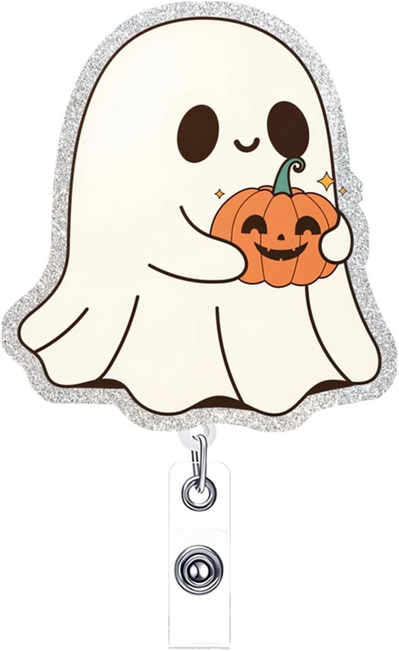 NSSHEL Cute Ghost Badge Reel Acrylic Retractable Halloween Badge Clip with 360° Rotating ID Card Holder Ghost Holding Pumpkin Badge Reel Designs Halloween Spooky ID Badge Holder for Nurses, Doctors - Image 1